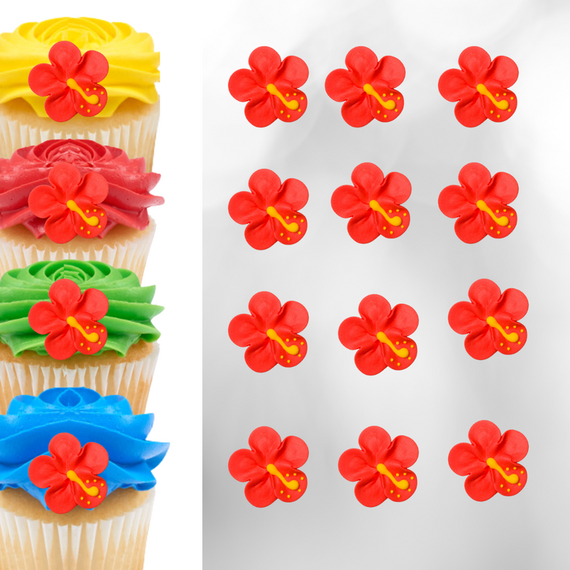 1.75" Royal Hibiscus - Red Royal Icing Cake-Cupcake Decorations 12 Ct