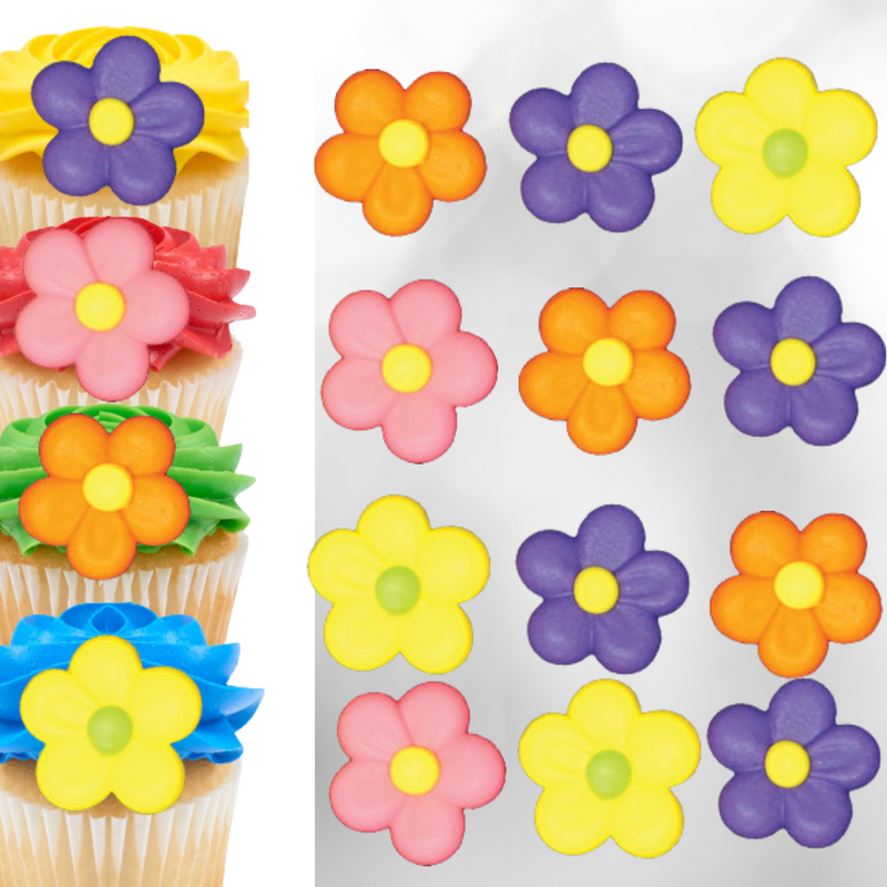 Flower Power Assortment Royal Icing Cake-Cupcake Decorations 12 Ct