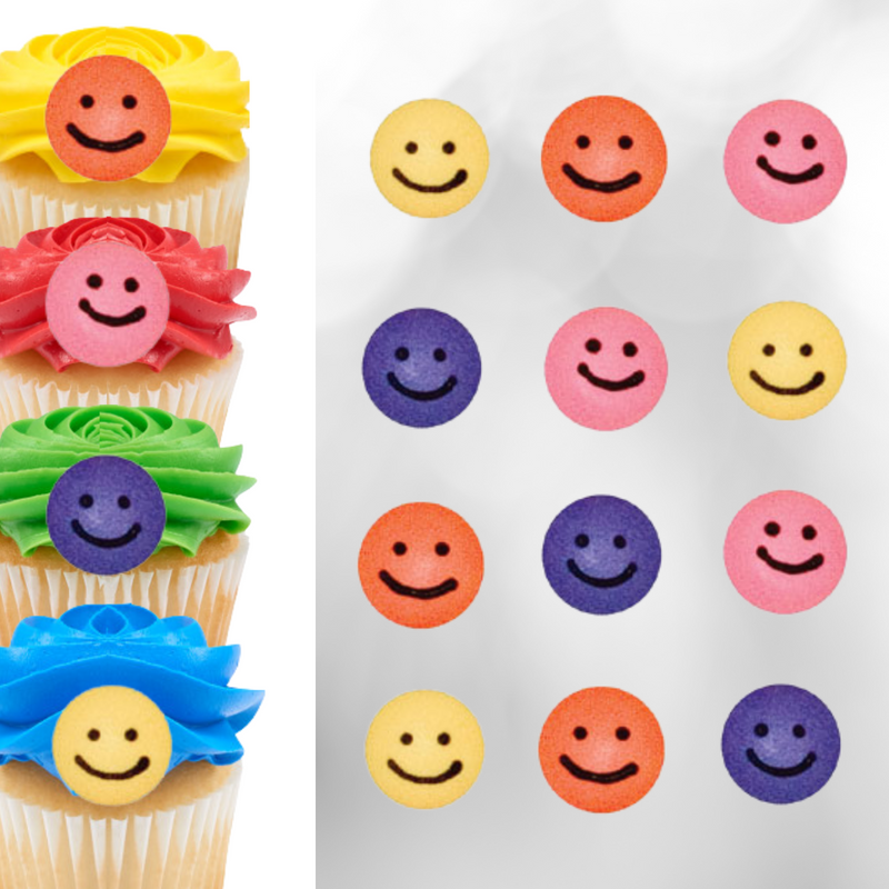 7/8"Small Smiley Faces Asst. Royal Icing Cake-Cupcake Decorations 12 Ct