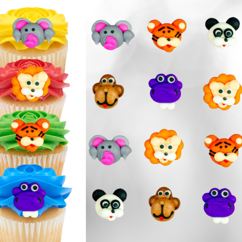 1/2" To 3/4" Mini Safari Animal Faces Asst. Royal Icing Cake-Cupcake Decorations 12 Ct