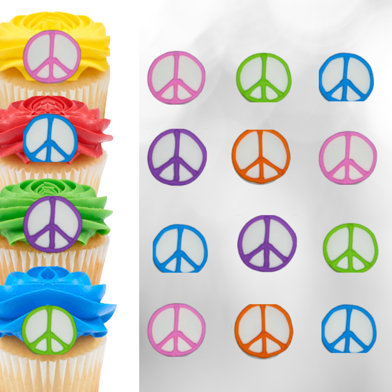 Peace Signs Assorted Colors Royal Icing Cake-Cupcake Decorations 12 Ct