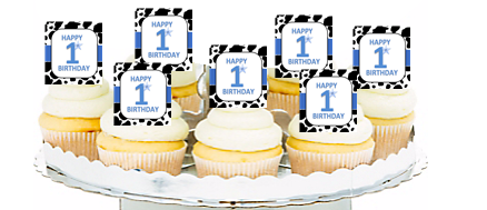 12pk Happy 1st (First) Birthday Cowboy Blue Cupcake Decoration Picks
