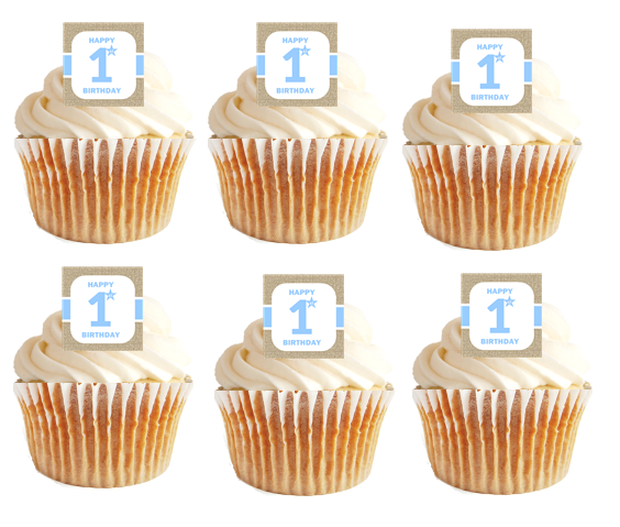 12pk Happy 1st (First) Birthday Brown-Blue Cupcake Decoration Picks