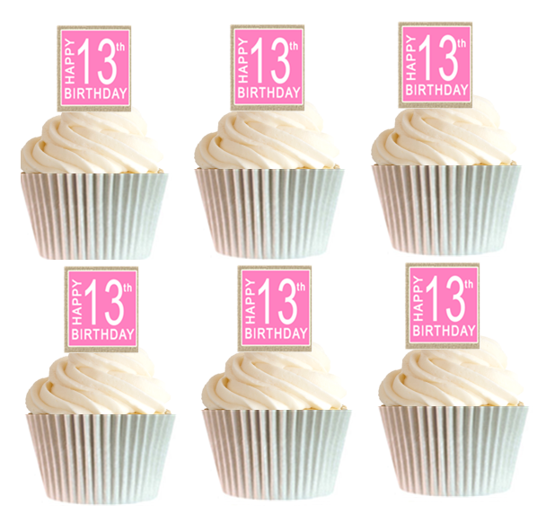 12pk Happy 13th Birthday Burlap Brown - Pink Cupcake Decoration Picks