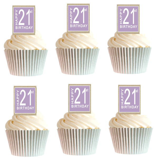 12pk Happy 21st Birthday Burlap Brown - Lavendar Cupcake Decoration Picks