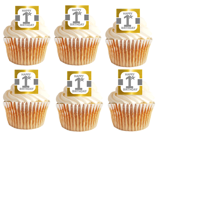 12pk Happy 1st (First) Birthday -Gold-Gray Cupcake Decoration Picks