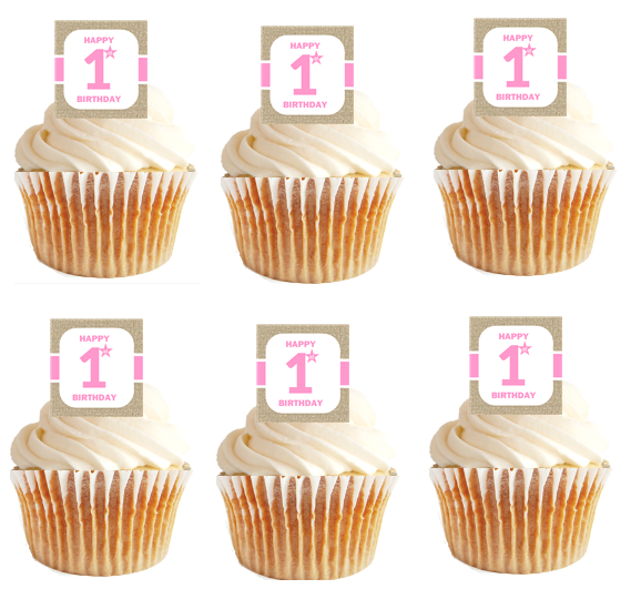12pk Happy 1st (First) Birthday Brown-Pink Cupcake Decoration Picks
