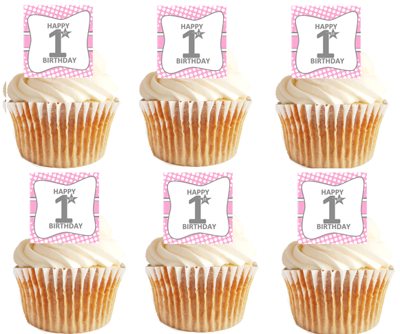 12pk Happy 1st (First) Birthday Mesh Pink Cupcake Decoration Picks