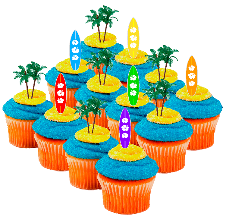 12pk Beach SurfBoards Surf & Palmtrees Layon Cupcake-Food-Appetizer Decoration Toppers