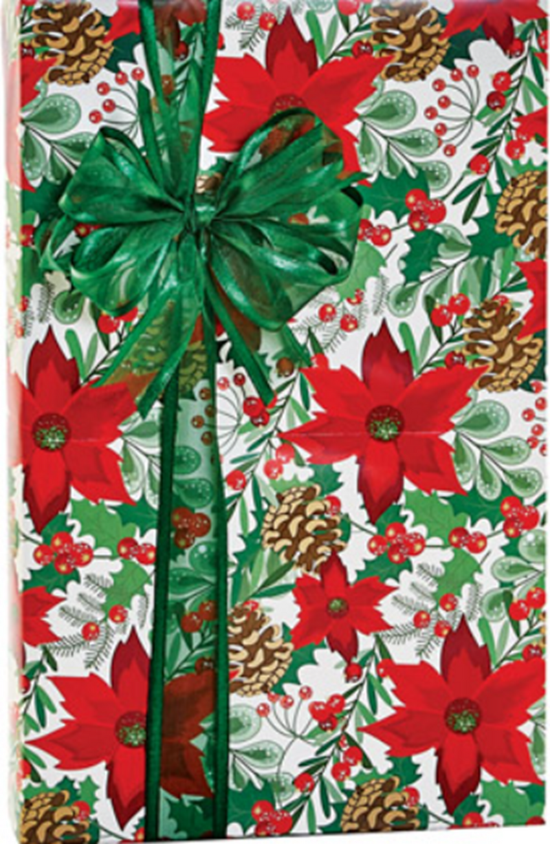 Poinsettia Christmas Pine Leaves Botanicals Christmas Holiday Gift Wrap Wrapping Paper 15ft