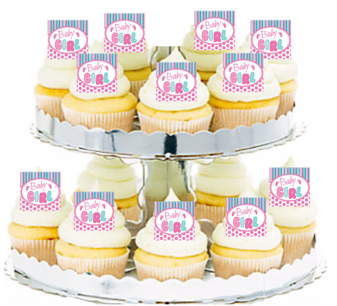 24ct Baby Girl Stripes & Polka Dots Edible Wafer Cupcake Decoration Topper Picks
