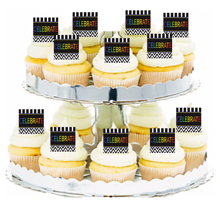 24ct Celebrate Chevron & Strupes Edible Wafer Cupcake Decoration Topper Picks