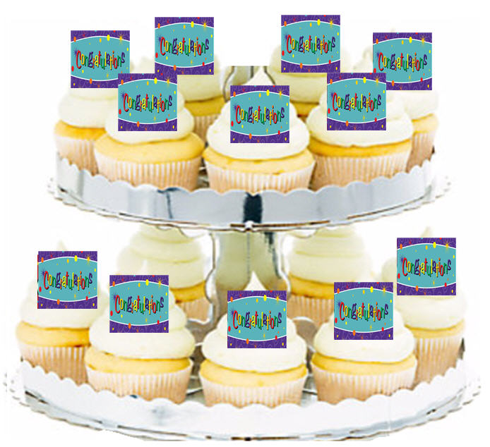 24ct Congratulations Teal & Purple Edible Wafer Cupcake Decoration Topper Picks