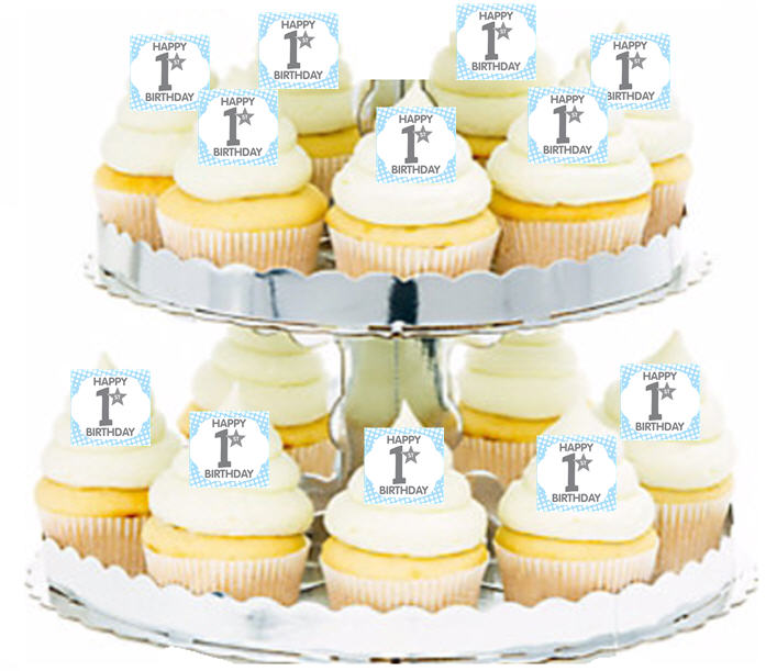 24ct Happy 1st Birthday Blue Polka Dot Edible Wafer Cupcake Decoration Topper Picks