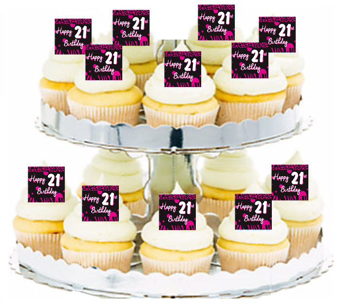 24ct Happy 21st Birthday Pink Zebra & Leopard Edible Wafer Cupcake Decoration Topper Picks
