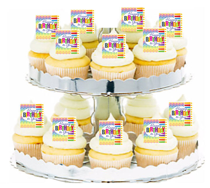 24ct Happy Birthday to You Chevron Edible Wafer Cupcake Decoration Topper Picks