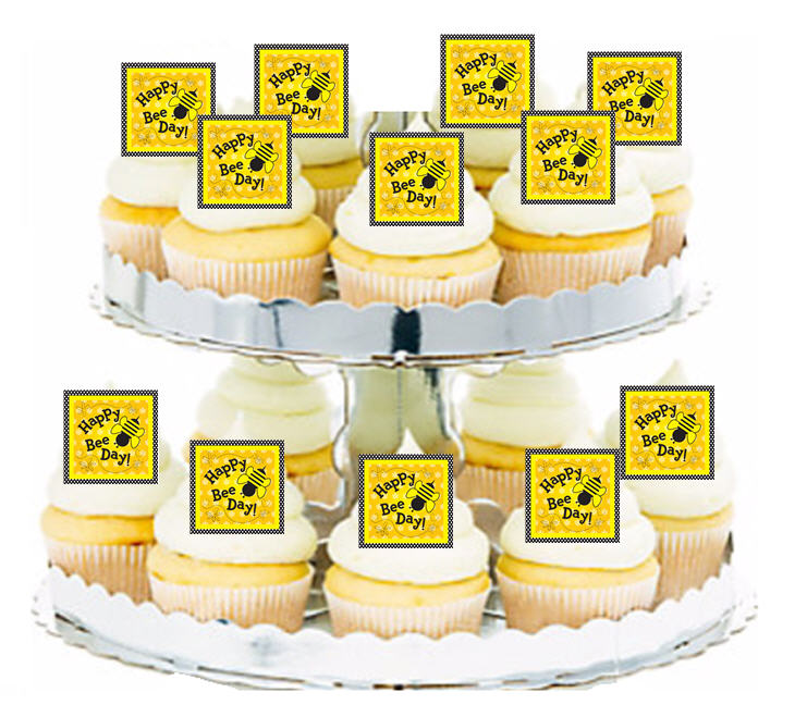 24ct Happy Bee Day Edible Wafer Cupcake Decoration Topper Picks