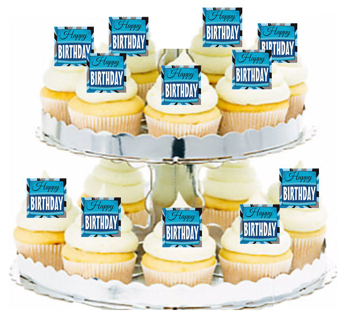 24ct Happy Birthday Blue Edible Wafer Cupcake Decoration Topper Picks
