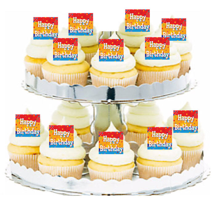 24ct Happy Birthday Stars & Dots Edible Wafer Cupcake Decoration Topper Picks