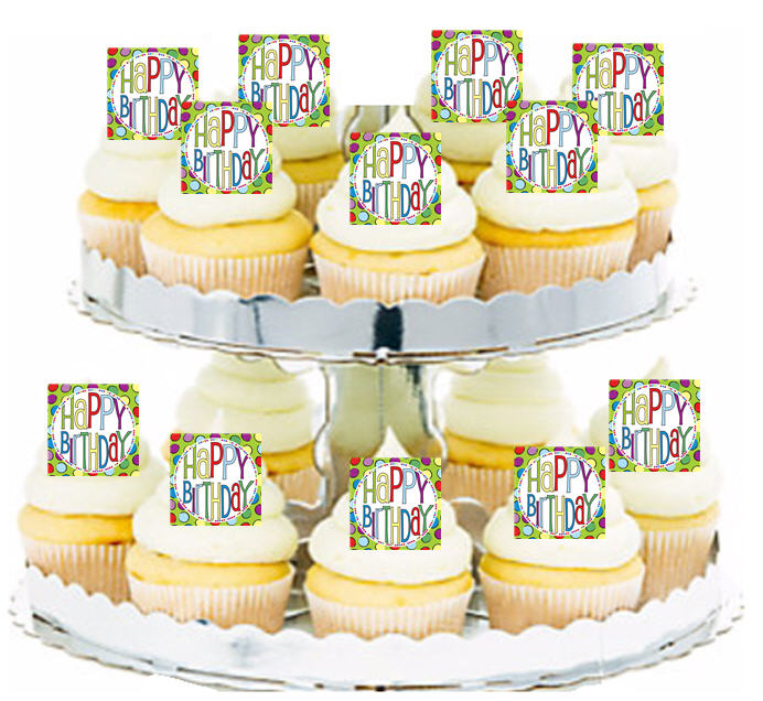 24ct Happy Birthday Retro Edible Wafer Cupcake Decoration Topper Picks