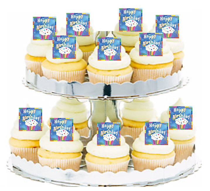 24ct Happy Birthday Cupcake Edible Wafer Cupcake Decoration Topper Picks
