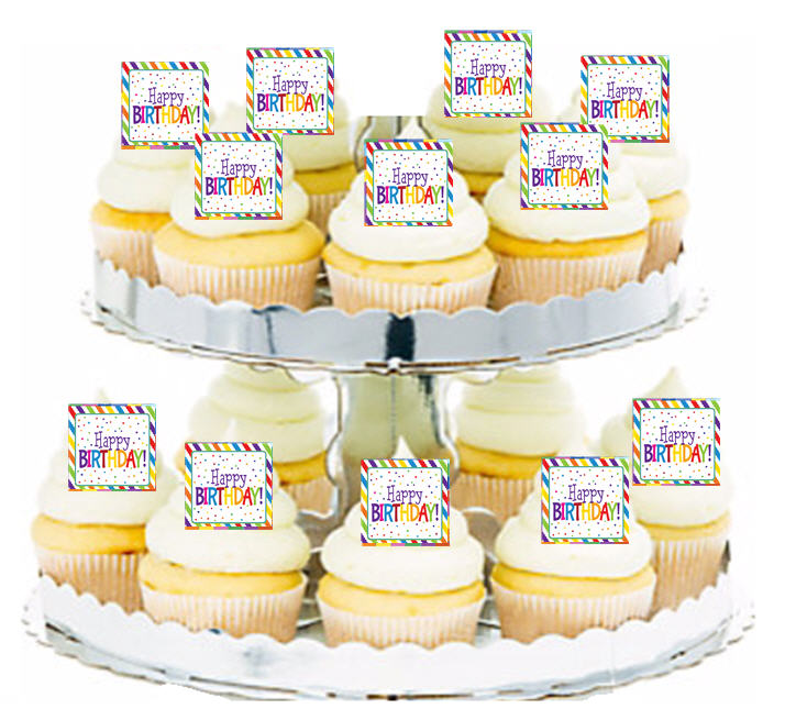 24ct Happy Birthday Stripes Edible Wafer Cupcake Decoration Topper Picks
