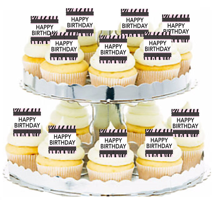 24ct Happy Birthday Pink Zebra Edible Wafer Cupcake Decoration Topper Picks