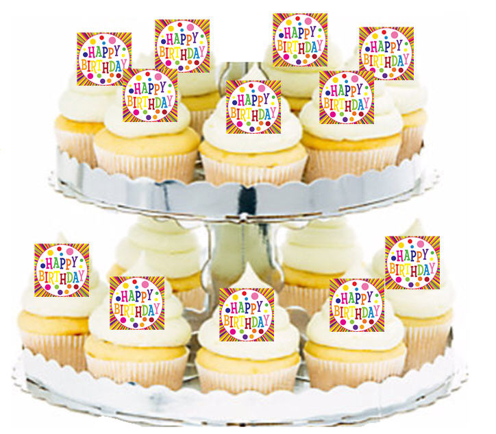24ct Happy Birthday Cirlce Stripes & Dots Edible Wafer Cupcake Decoration Topper Picks