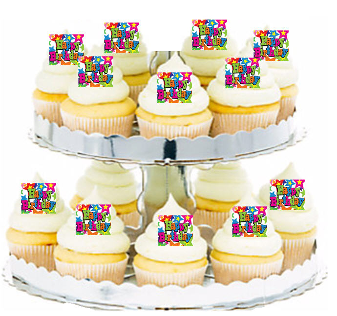 24ct Happy Birthday Bright Stars Edible Wafer Cupcake Decoration Topper Picks