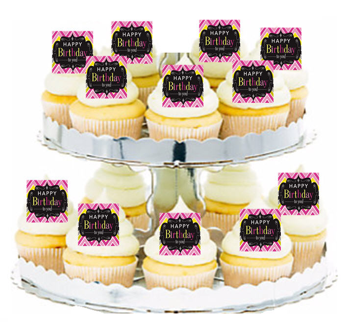 24ct Happy Birthday Elegant Chevron Edible Wafer Cupcake Decoration Topper Picks