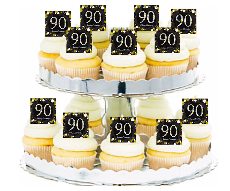24ct Happy 90th Birthday Black & Gold Edible Wafer Cupcake Decoration Topper Picks