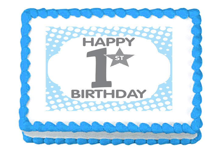 Happy 1st Birthday Blue Polka Dot Edible Cake Decoratoin Topper