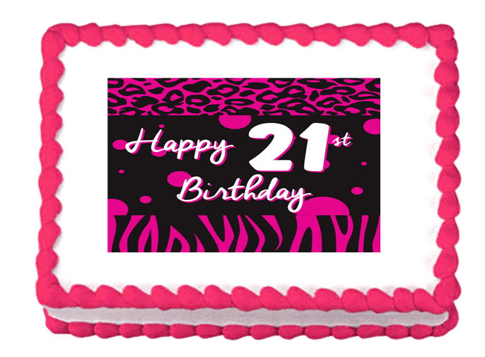 Happy 21st Birthday Pink Zebra & Leopard Edible Cake Decoratoin Topper