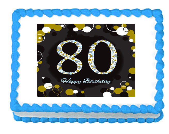 Happy 80th Birthday Black & Gold Edible Cake Decoratoin Topper