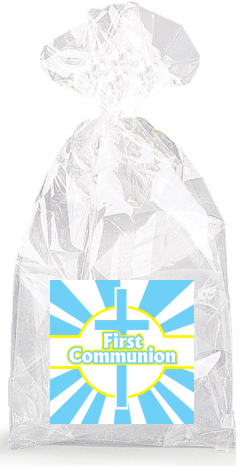 Blue Cross with Blue and White Rays First Communion  Party Favor Bags with Ties - 12pack