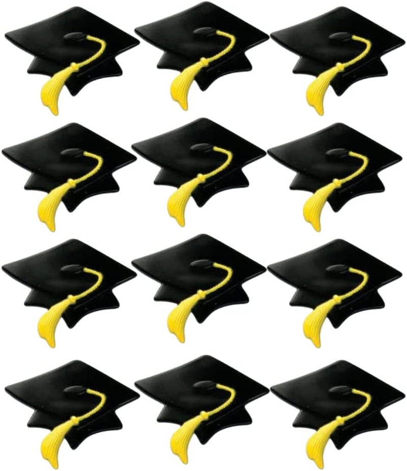 Graduation Cap Cupcake Topper Rings with Yellow Tassel - Set of 12