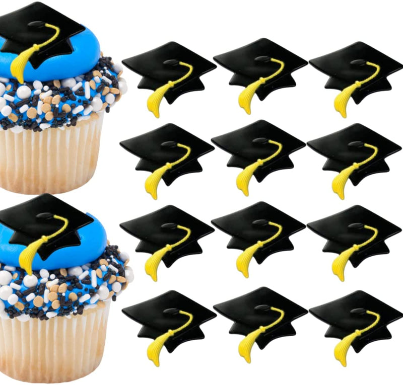 Graduation Cap Cupcake Topper Rings with Yellow Tassel - Set of 12