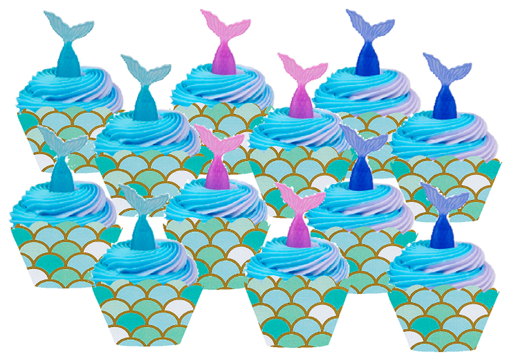 12pack Mermaid Cake - Cupake Decoration Toppers with Mermaid Cupcake Wrappers