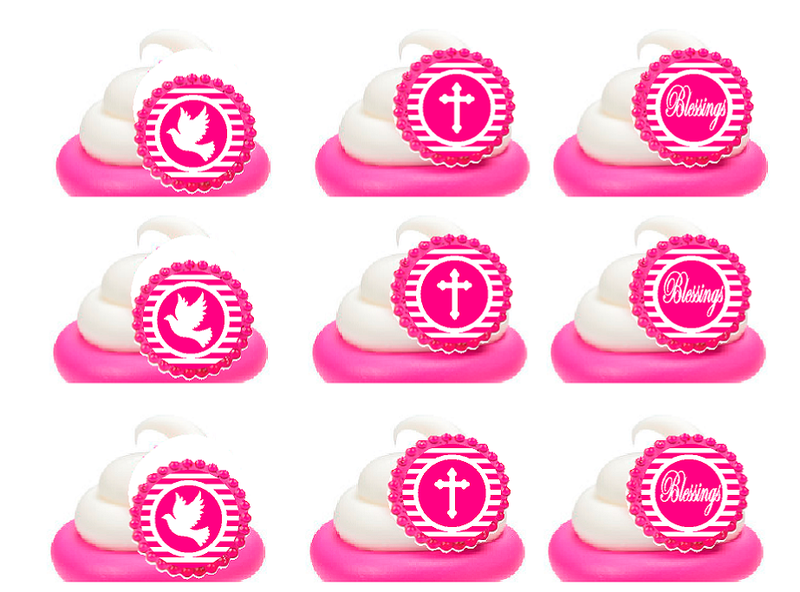 Hot Pink Baptism Christening Religious Easy Toppers Cupcake Decoration Rings -12pk