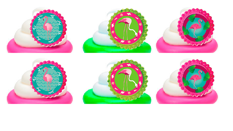 Flamingo Pink Green Easy Toppers Cupcake Decoration Party Favor Rings -12pk