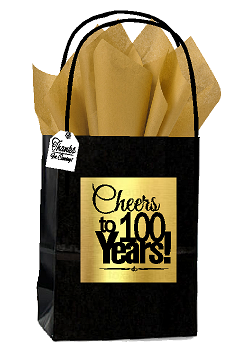 Black & Gold 100th Birthday - Anniversary Cheers Themed Small Party Favor Gift Bags with Tags -12pack