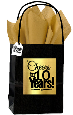 Black & Gold 10th Birthday - Anniversary Cheers Themed Small Party Favor Gift Bags with Tags -12pack