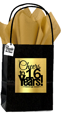 Black & Gold 16th Birthday - Anniversary Cheers Themed Small Party Favor Gift Bags with Tags -12pack