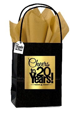Black & Gold 20th Birthday - Anniversary Cheers Themed Small Party Favor Gift Bags with Tags -12pack