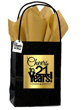 Black & Gold 21st Birthday - Anniversary Cheers Themed Small Party Favor Gift Bags with Tags -12pack