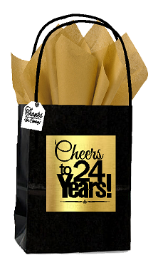 Black & Gold 24th Birthday - Anniversary Cheers Themed Small Party Favor Gift Bags with Tags -12pack