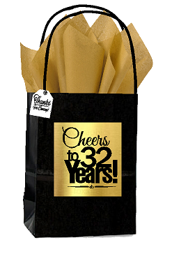 Black & Gold 32nd Birthday - Anniversary Cheers Themed Small Party Favor Gift Bags with Tags -12pack