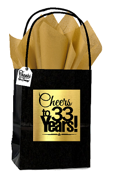 Black & Gold 33rd Birthday - Anniversary Cheers Themed Small Party Favor Gift Bags with Tags -12pack