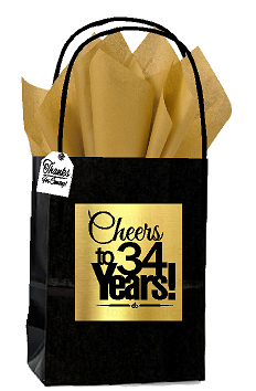 Black & Gold 34th Birthday - Anniversary Cheers Themed Small Party Favor Gift Bags with Tags -12pack