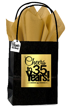 Black & Gold 35th Birthday - Anniversary Cheers Themed Small Party Favor Gift Bags with Tags -12pack